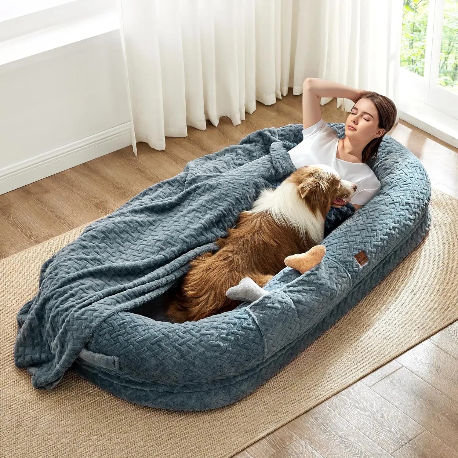 Letto Ortopedico Extra Large per Cani Adulti - Pelliccia Sintetica, Maniglia Portatile, Include Coperta, Blu Grigio
