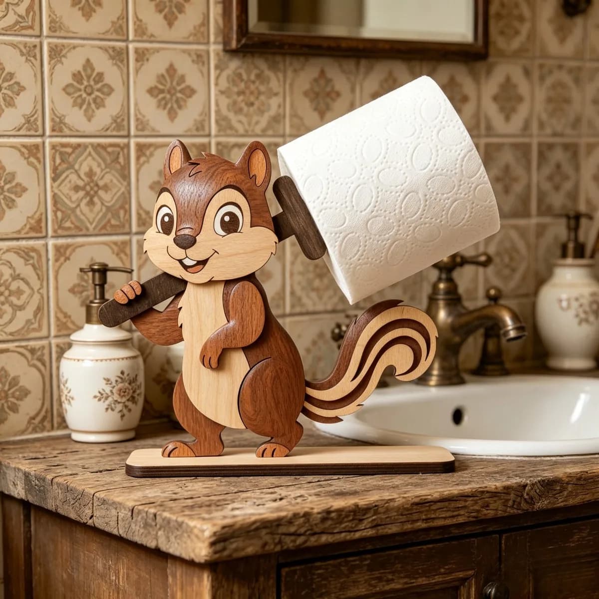 Handcrafted Squirrel Wood Toilet Paper Holder, rustic animal design for regular bathroom roll storage