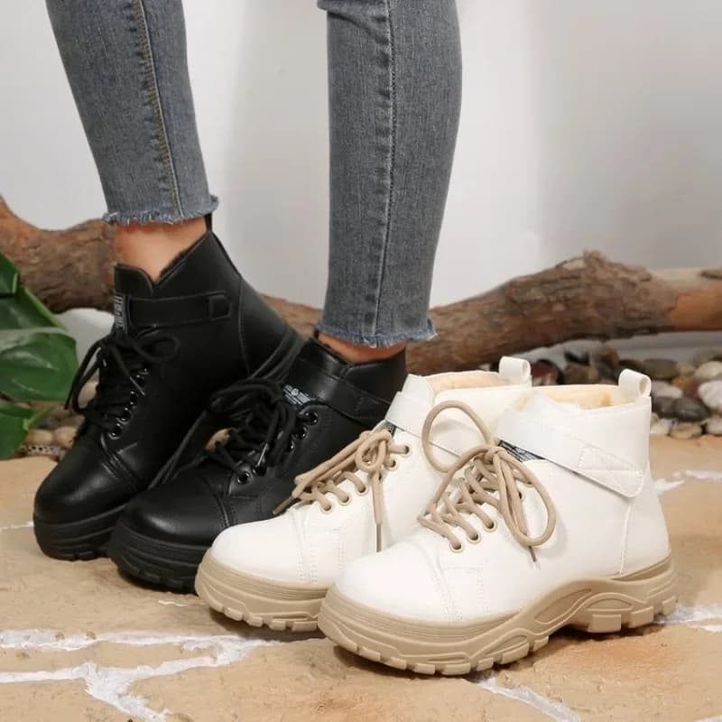 Womens Winter Warm Snow Boots Faux Fur Lined Lace Up Chunky Platform Ankle Booties Hook Loop Strap Casual Walking Shoes Ladies