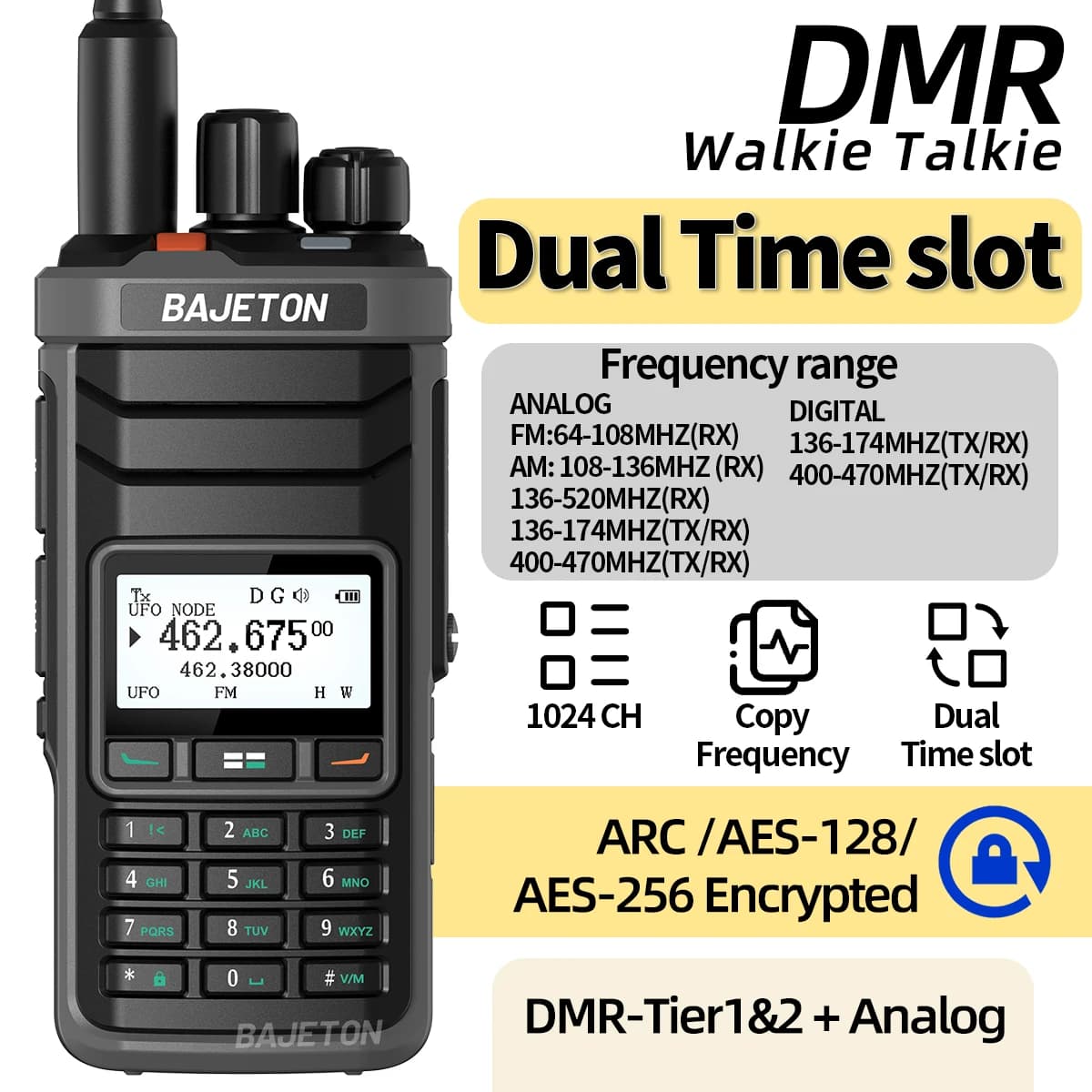 BAJETON DM-5000 DMR Walkie Talkie CRittografia AES-256 Doppio slot per tempo SMS analogici digitali NOAA Caricatore TYPE-C per radioamatori RT-4D