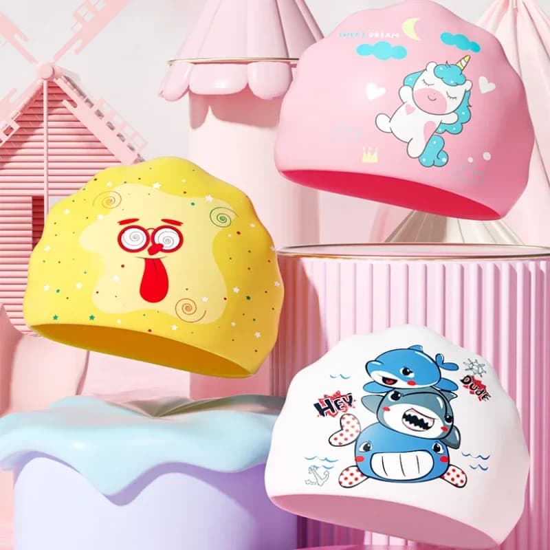 Children's swim cap Printed swimming head cute cartoon for boys and girls Ear protection Silicone swim head soft pool accessories