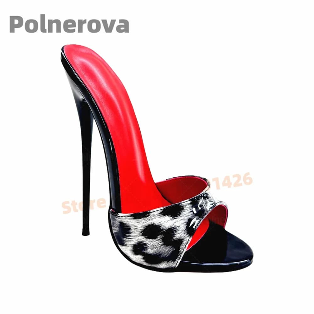 14/16Cm Mules Leopard Slippers for Women Patent Leather Pull On Stilettos High Heels Summer Shoes Sexy Elegant Runway Shoes