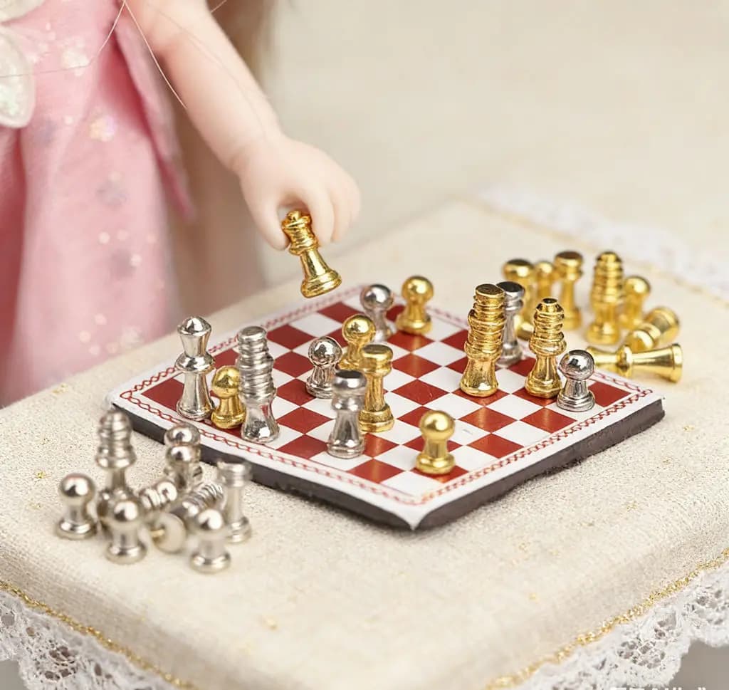 5picecs 1:12 Modello in miniatura per casa delle bambole - Set di scacchi per casa delle bambole, pezzi degli scacchi in oro/argento, accessorio per decorazioni per scene di figurine