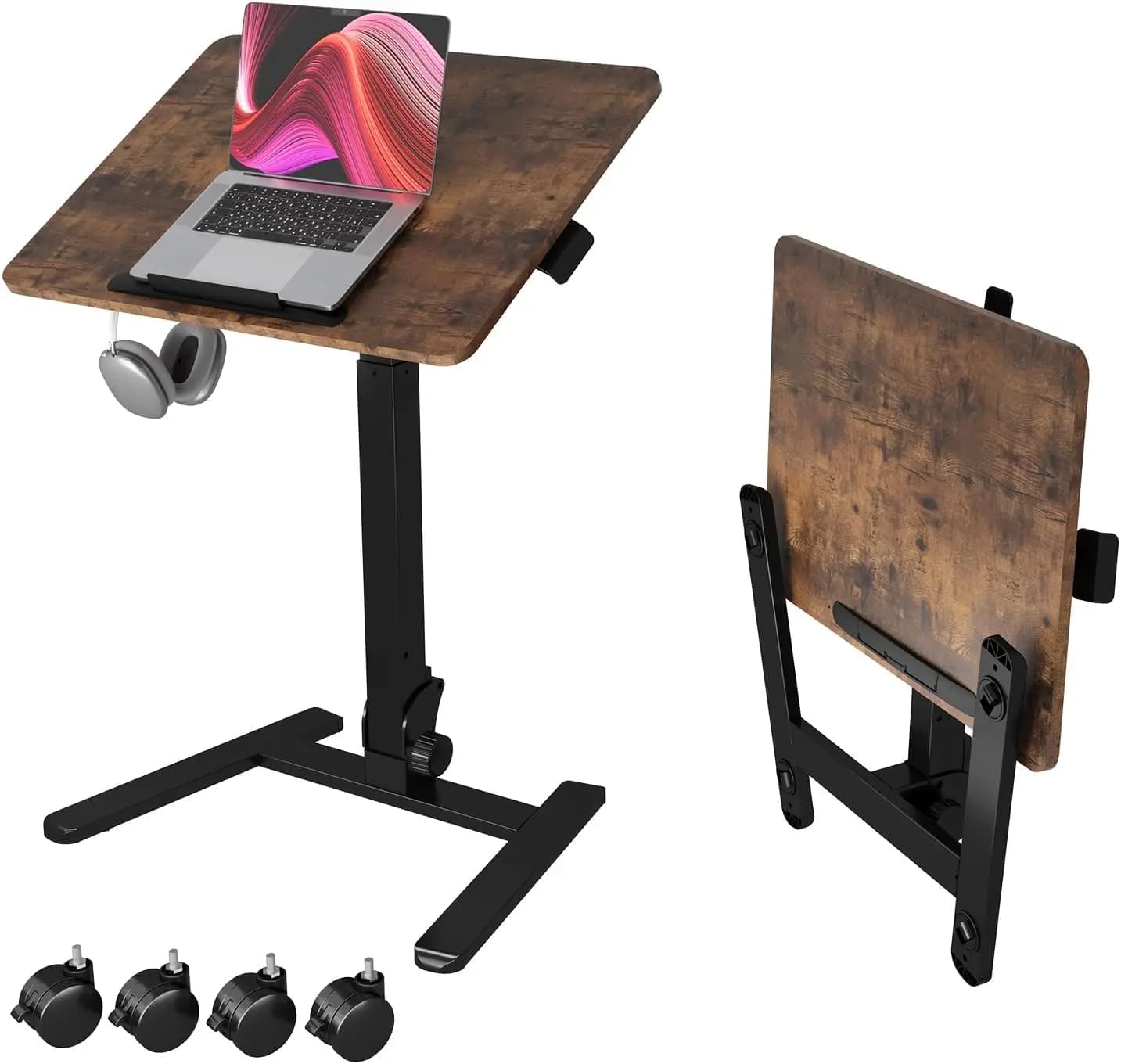 25.6" Folding Desk with Wheels, Height Adjustable Standing Desk, Small Mobile Laptop Table for Home Office