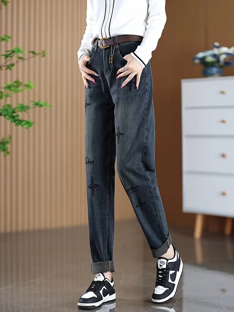 Jeans Harlan Ricamati a Vita Alta da Donna, Tendenza Moda Primavera Autunno, Pantaloni Casual Larghi Effetto Snellente in Misto Cotone