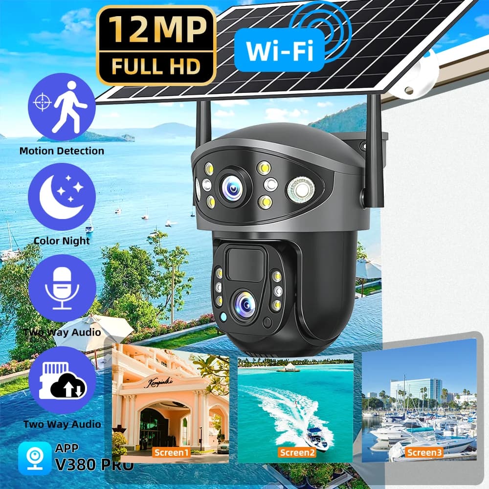 Outdoor WiFi Solar Camera with Double Lens, Three Screens, PIR Human Detection, CCTV Security, PTZ Video, Waterproof