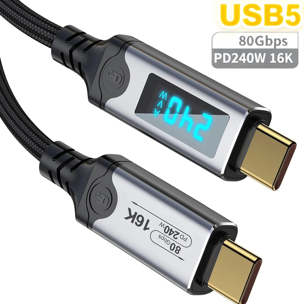 Cavo USB 5 da 240 W Tipo C Cavo di ricarica rapido Trasferimento dati 80 Gbps 16K60 Hz con display a LED per laptop con monitor Thunderbolt5/4