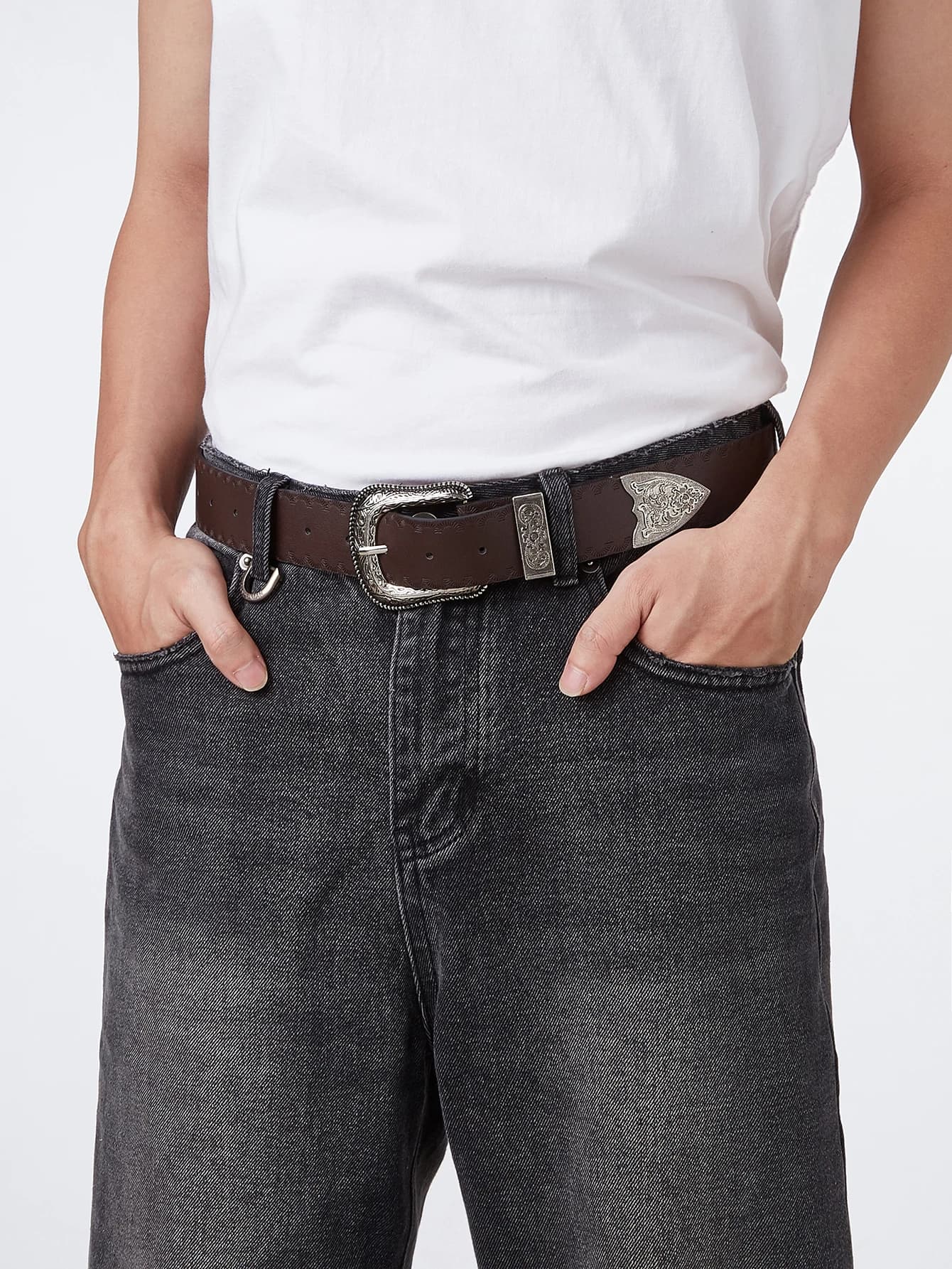 1pc Men's Western Style Distressed Pattern Leather Belt, Versatile Accessory For Jeans