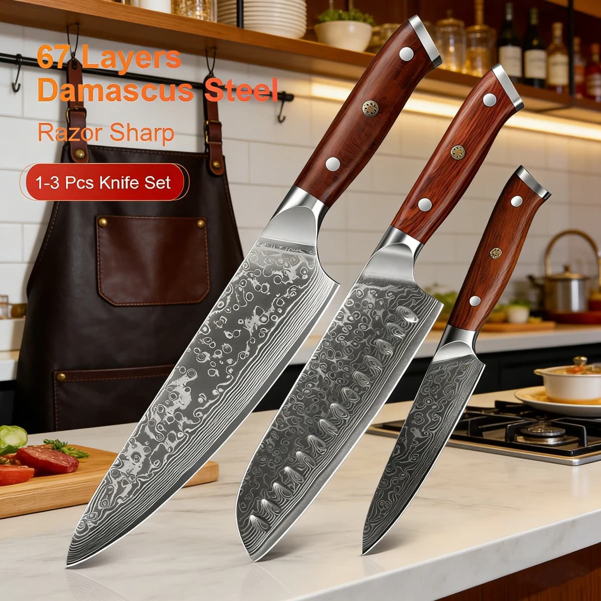 Set di 1/3 Coltelli da Cucina Giapponesi in Acciaio Damascato Forgiato, Coltelli Chef e Santoku in Acciaio Inox con Manico in Legno di Palissandro