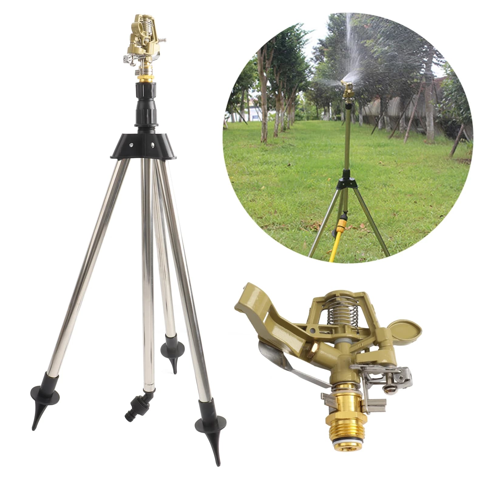 0-360 gradi giardino rotante automatico sprinkler treppiede in acciaio inossidabile set supporto per irrigazione getto d'acqua giardino prato sprinkler strumento