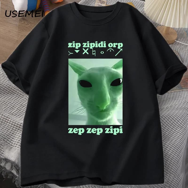 Funny Alien Cat Dank Meme T Shirt for Men Women Brainrot T-shirt Stupid Cringe Tshirt Harajuku Men's Oversized Cotton Tees