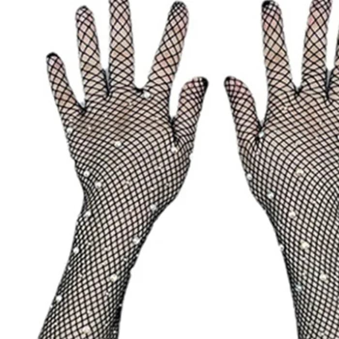 Black White Red Long Mesh Gloves With Rhinestones Hollow Fishing Net Women's Gloves Finger Fancy Cosplay Fishnet Gloves