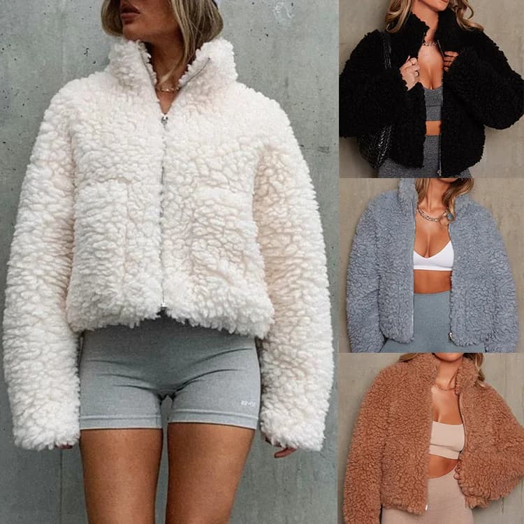 Women's Plush Cardigan Short Jacket Lamb Coat Thickened Long Sleeve Zipper Closure Color Winter Outerwear
