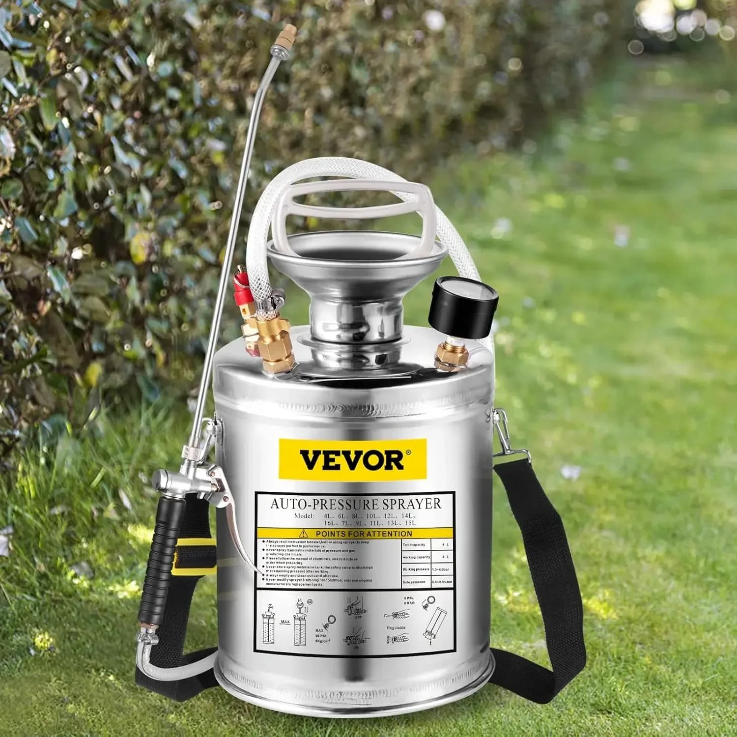 Spruzzatore da Giardino in Acciaio Inossidabile con Pompa da un Gallone, Asta, Manometro, Valvola di Sicurezza e Ugello Regolabile per Sanificazione del Prato