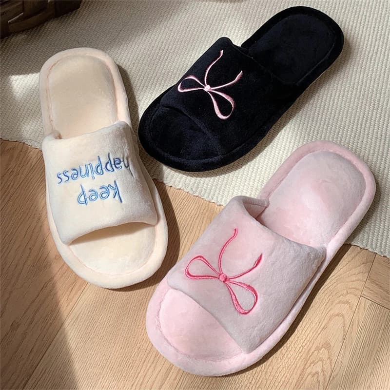 XIXITIAO Women's Home Slippers New Bow Embroidery Comfort Plush Casual Indoor Anti slip Open-toe Floor Shoes,Ladies Flat Shoes