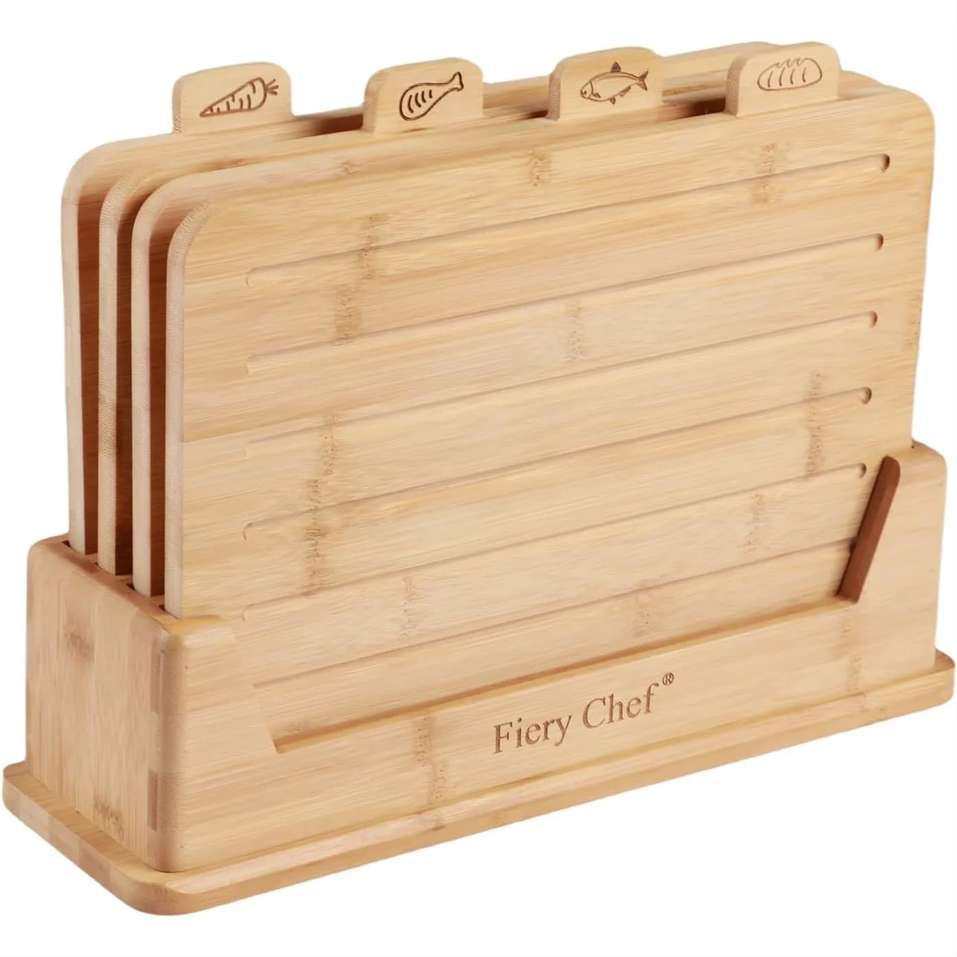 Bamboo Cutting Board Set of 4 with Holder, Chopping Boards with Food Icons and Juice Groove for Meat, Fish, Vegetable