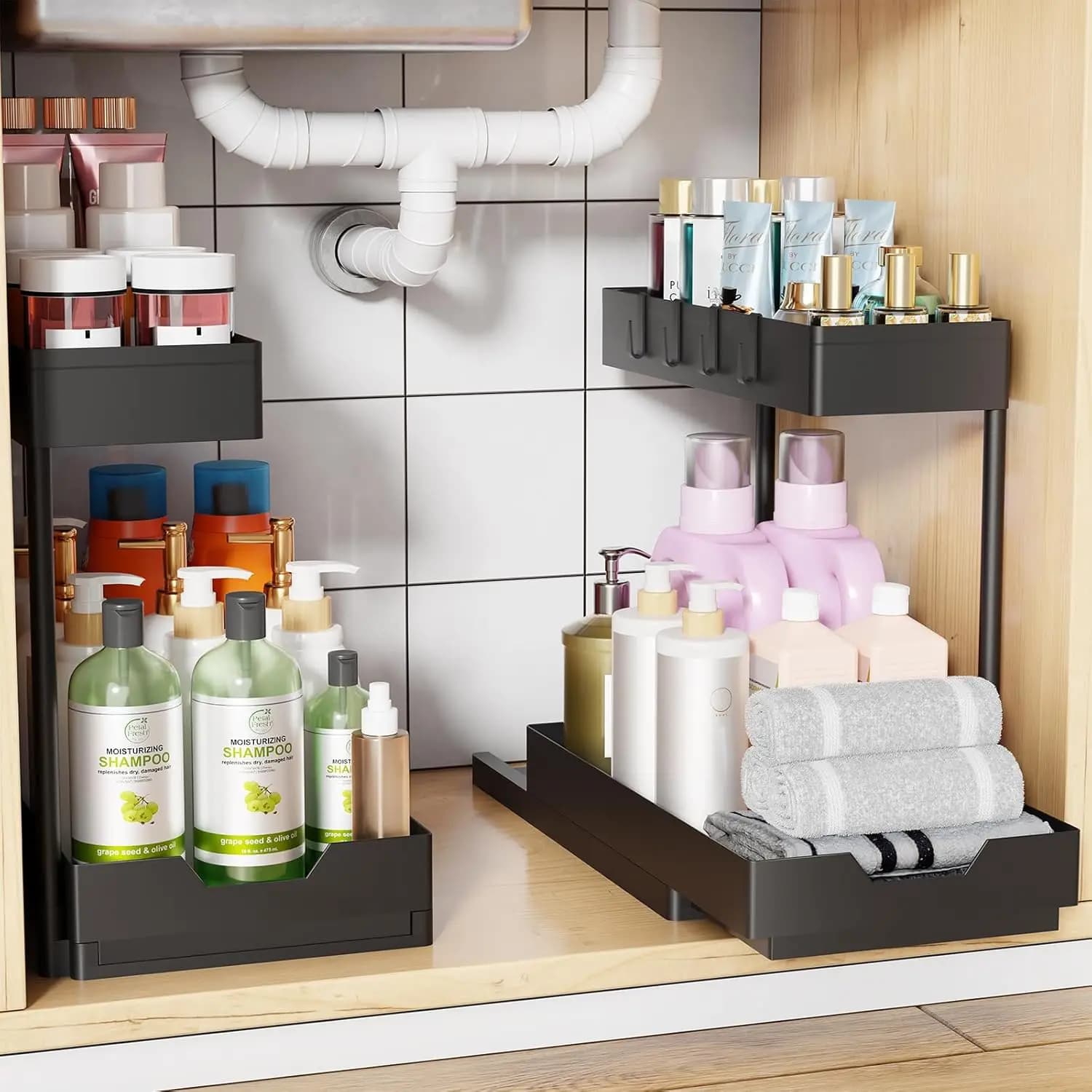 Organizzatore Sottolavello 2 Pezzi, Mobiletto Scorrevole Estraibile, Scaffale a 2 Livelli con Ganci per Cucina e Bagno, Nero