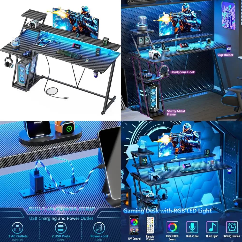 Scrivania da Gaming a L con 55 LED, Presa di Corrente e Ripiani Portaoggetti per Monitor e Uso in Camera da Letto