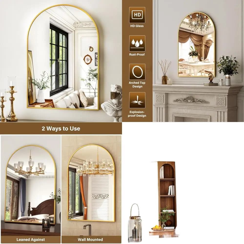 Specchio da parete ad arco 26x38 - Specchio cosmetico dorato per arredamento bagno, camera da letto, soggiorno e ingresso