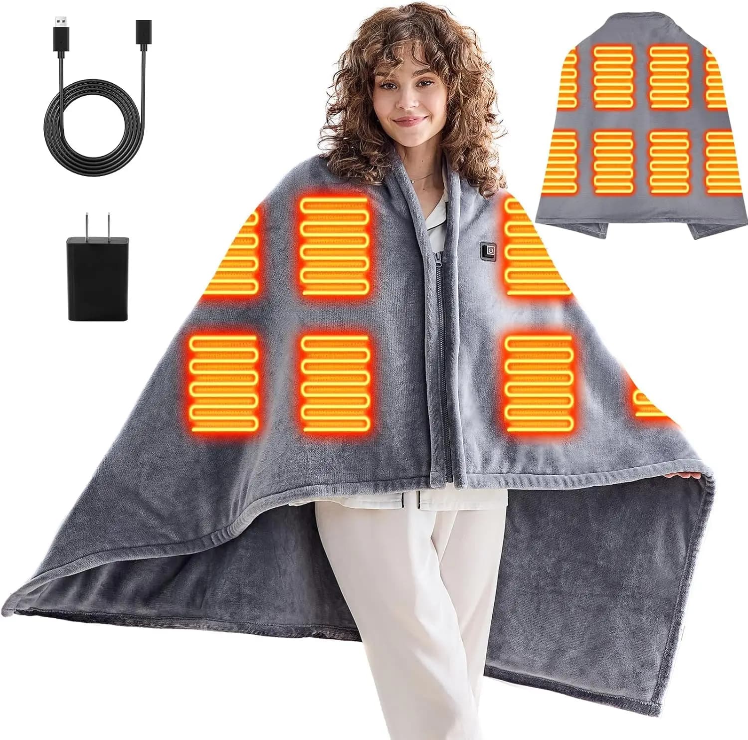 Coperta elettrica riscaldata portatile USB - Senza fili, 3 livelli di riscaldamento per viaggi all'aperto, campeggio, letto in grigio marmo