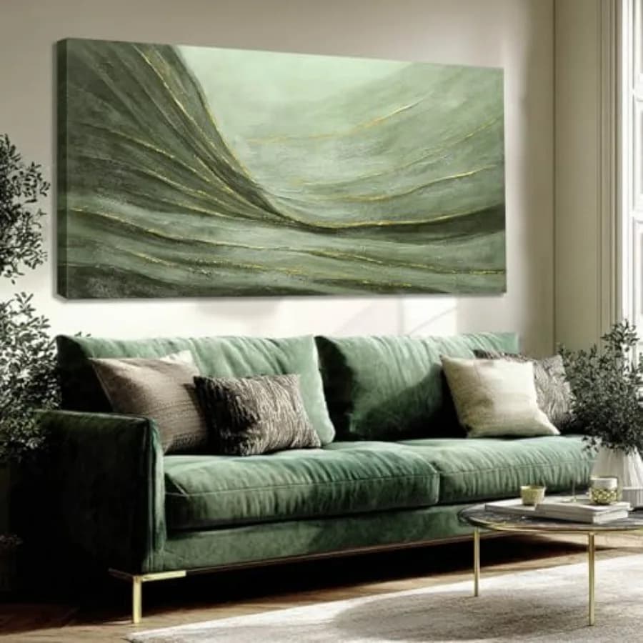 Large Green and Gold Abstract Canvas Wall Art 24x48 Inch for Living Room Bedroom Office: Modern Minimalist Painting, Premium Ca