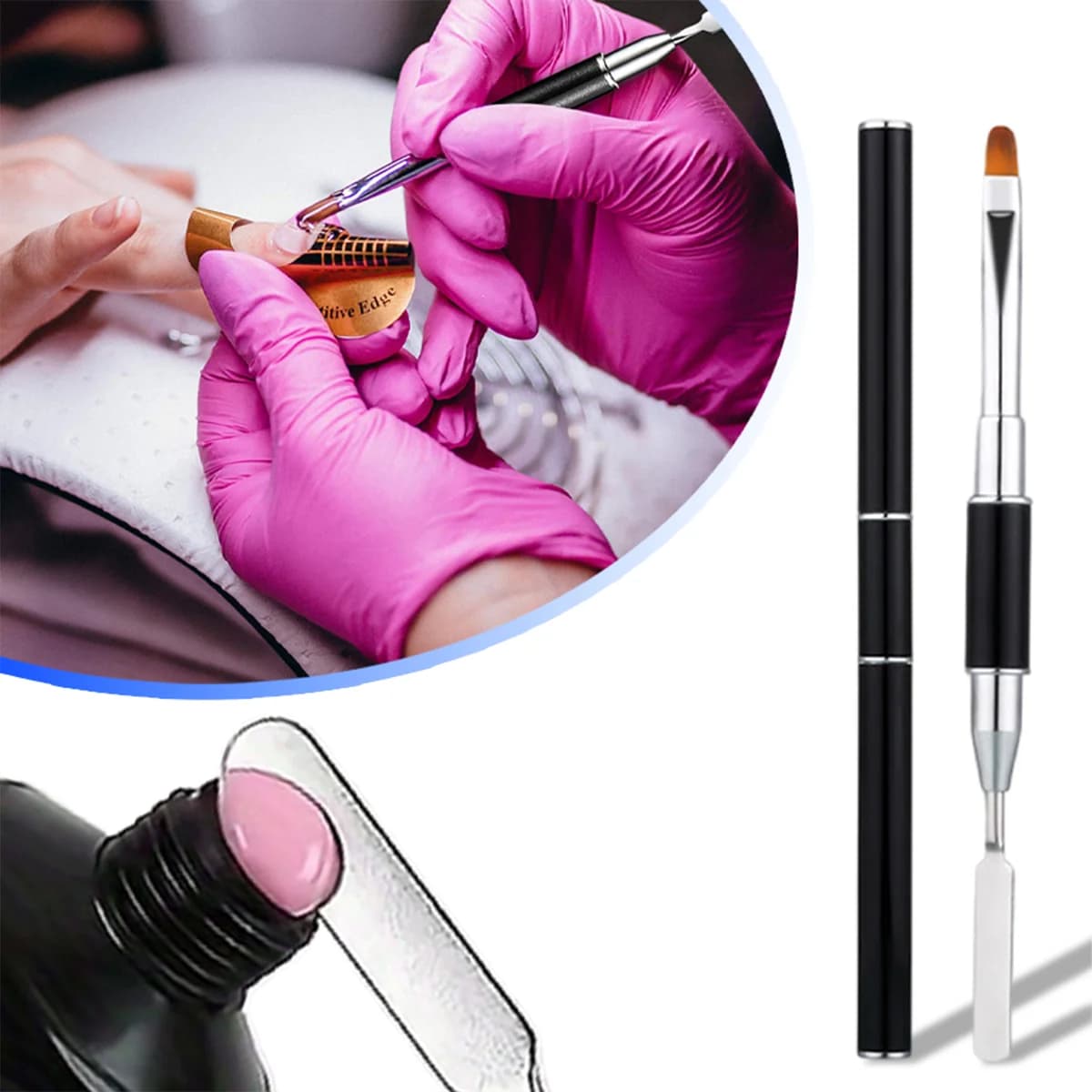 1pc Double End Nail Art Brush, Acrylic Gel Extension Brush with Nail Spatula, UV Gel Painting Tool, Manicure Accessories