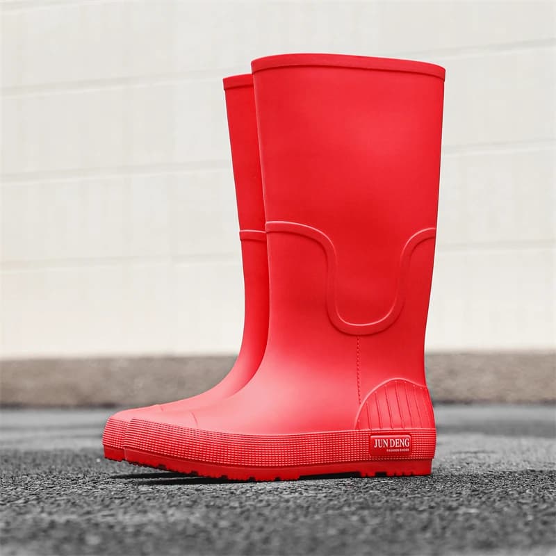 High-Tube Rain Boots Women's Summer Outdoor Hiking Flat Bottom Lightweight Waterproof Non-Slip Red Shoe Cover Fashion Rain Bo...