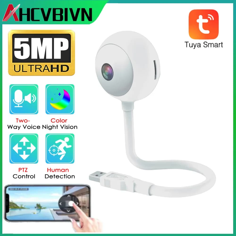 Tuya 5MP Indoor Mini Wireless WiFi Baby Monitor Camera USB Plug IP Surveillance Security Cam AI Auto Tracking Cam