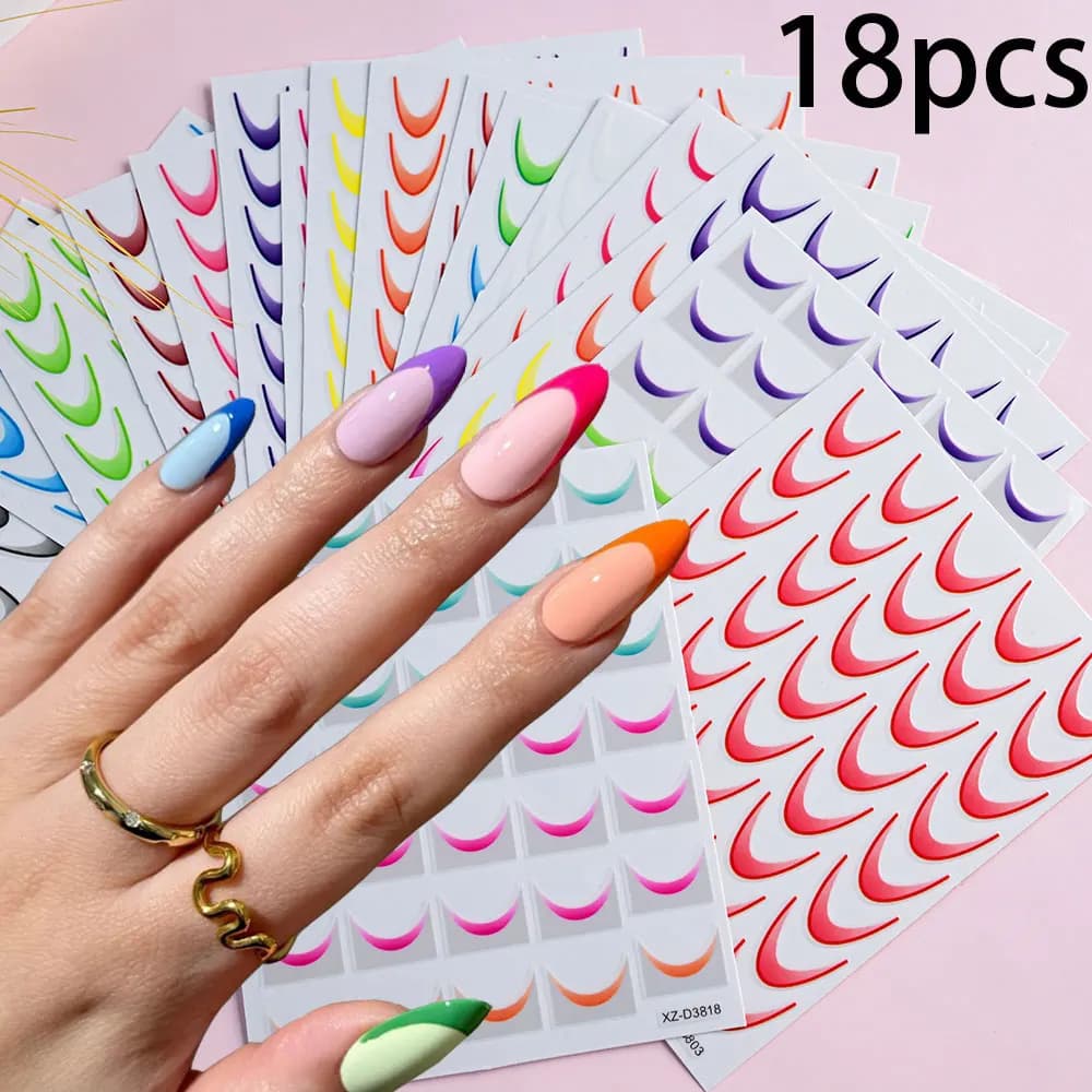6/18pcs 3D Colorful Stripes Line Transfer Nail Decals Gradient French Curved Line Nail Stickers Adhesive Guides Gel Polish Wr