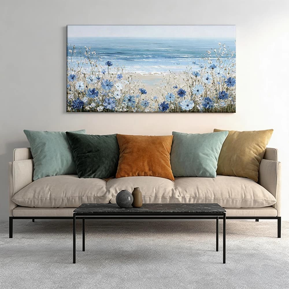 Painted on canvas with large wooden frame, 1 piece, blue flowers, sea scene.