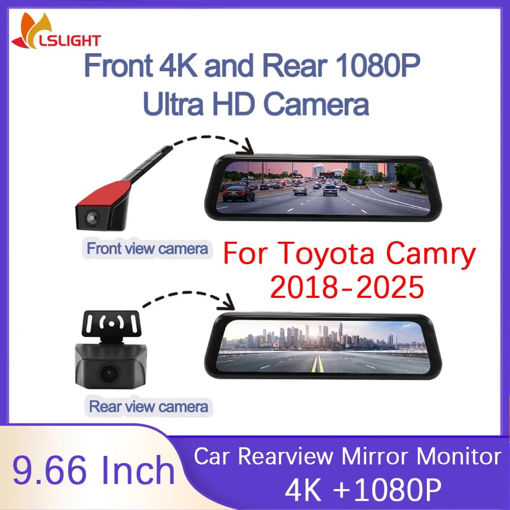 For Toyota Camry 2018-2025 Monitor car retrovisor Dashcam 9.66 inch 4K + 1080P IPS Touch full screen with 2 HD cameras
