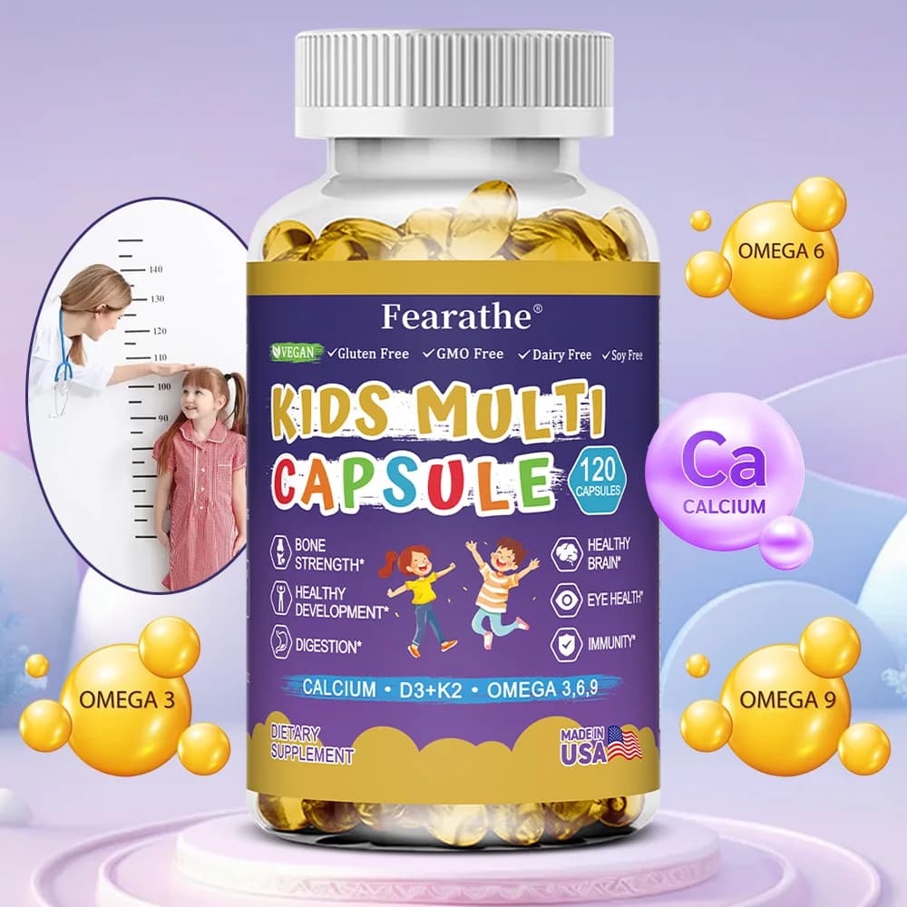 Capsule OMEGA 3, con vitamina D, calcio per bambini, multivitaminico per bambini, favorisce la salute del cervello, promuove nutrizione ed energia