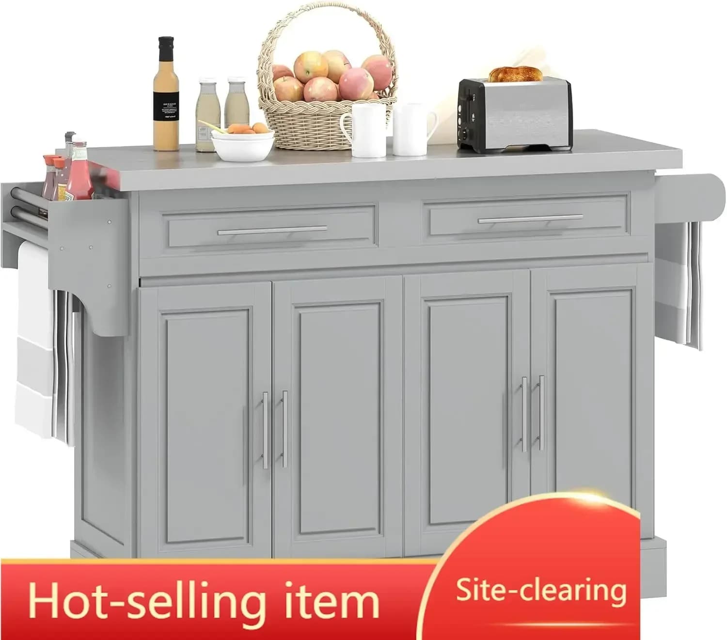 Rolling Kitchen Cart Stainless Steel Top Wheels Adjustable Shelves Drawers Spice Knife Towel Rack Portable Island Table Gray