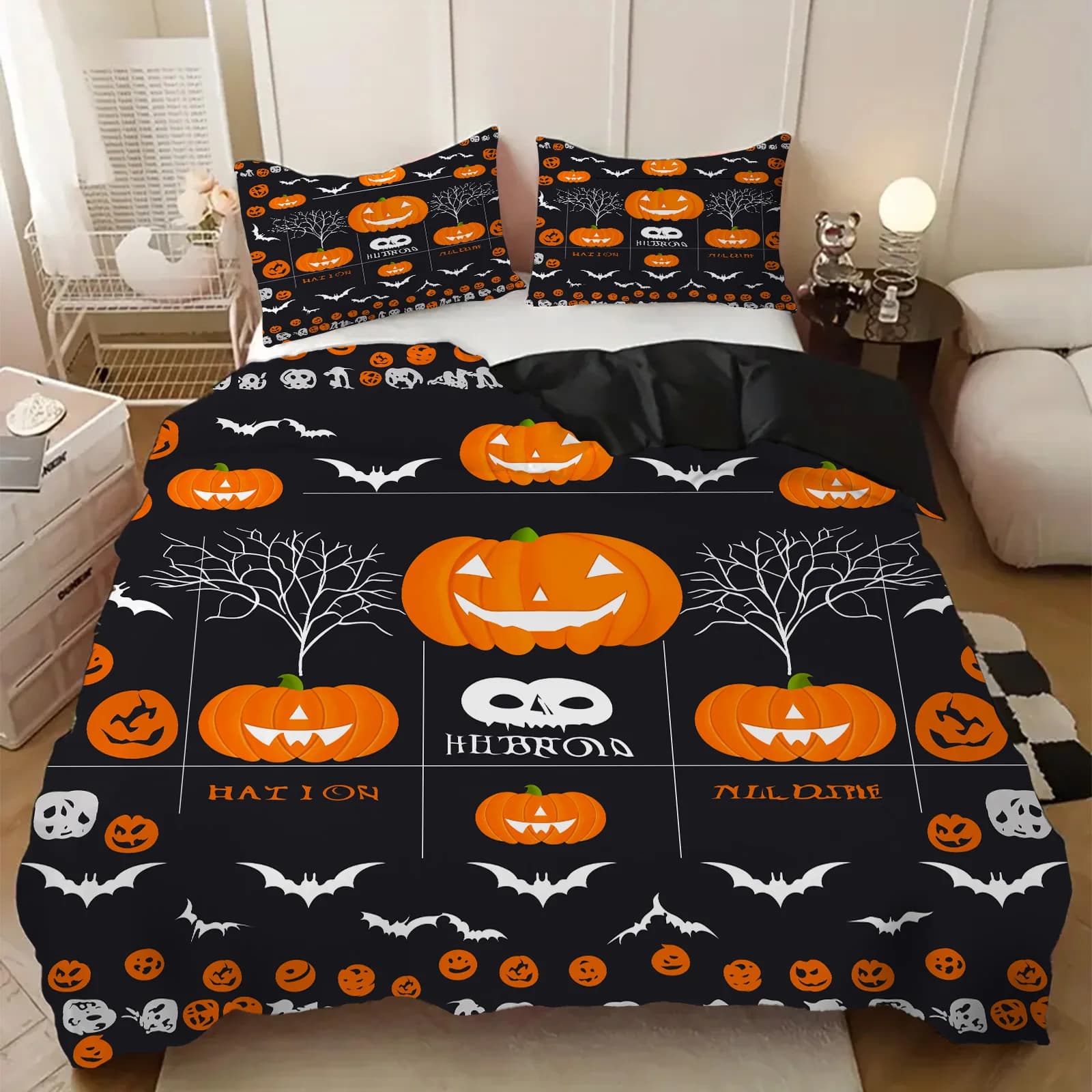 Copripiumino stampato digitale stile Halloween Set di biancheria da letto di lusso con motivo zucca cartone animato Federe morbide e confortevoli
