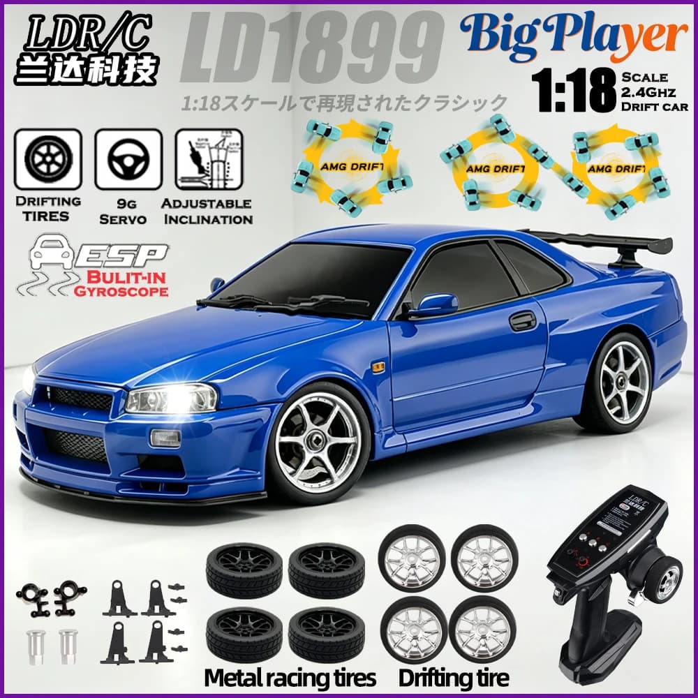 Nuova Auto RC Drift LDRC LD1899 1/18 GTR R34 RWD 2.4G con Carrozzeria in Lega, Struttura di Trasmissione in Metallo, Giroscopio ESP, LED, RTR