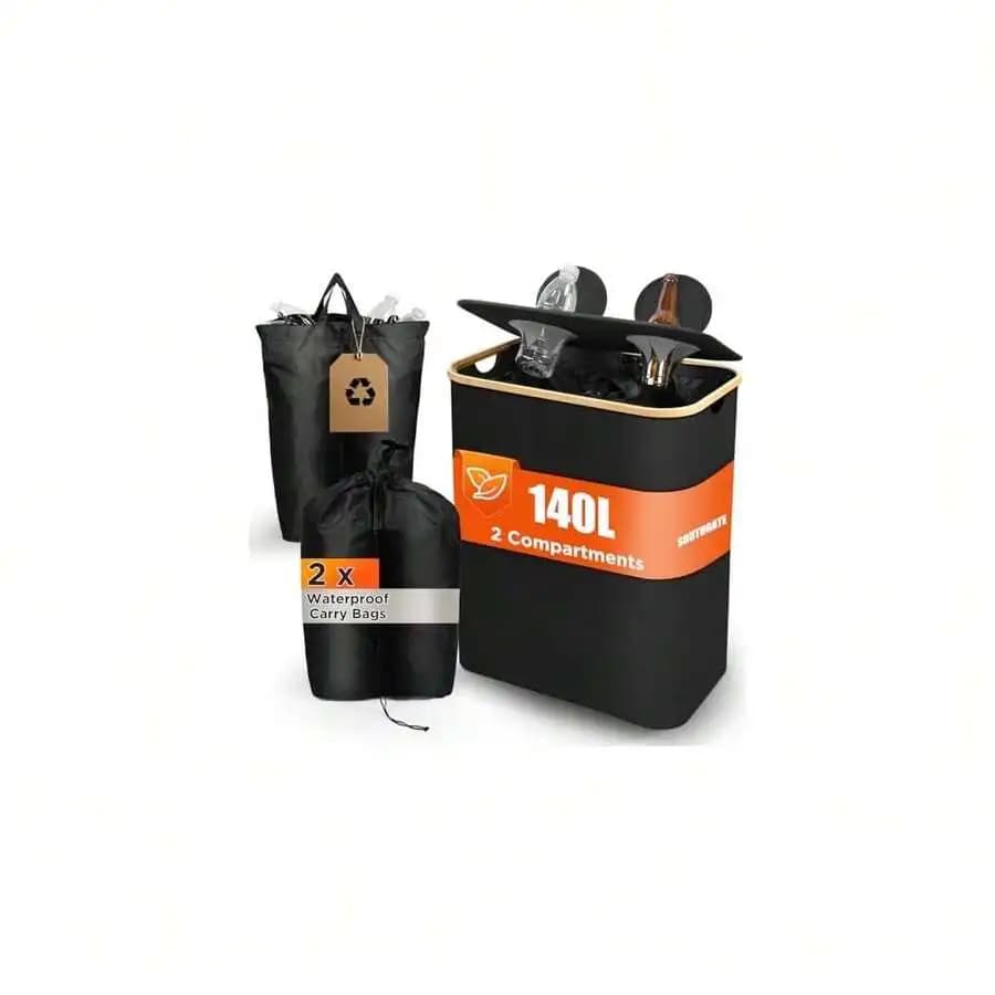 140L 2 Compartment Recycling Bin With Lid And 2 Waterproof Carry Bags For Kitchen