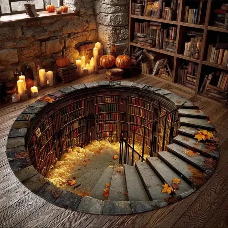 Tappeto Rotondo 3D con Effetto Illusione, Morbido e Antiscivolo, per Biblioteca, Scale a Chiocciola, Arredamento Rustico per Studio e Sala Lettura