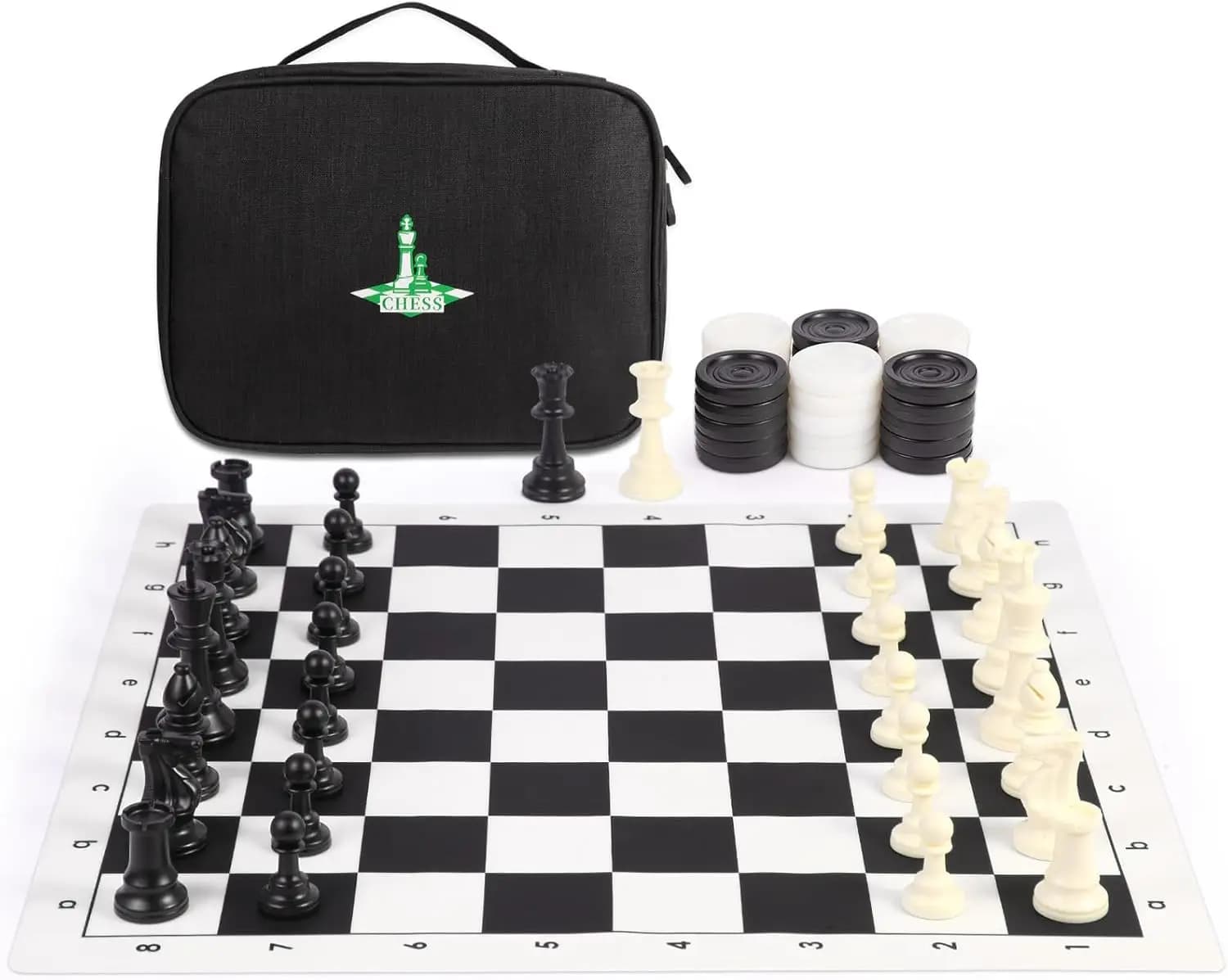 Set di scacchi da viaggio Tavola in silicone da 20'', pezzi in plastica, regine extra, custodia, gioco di scacchi e scacchi portatile