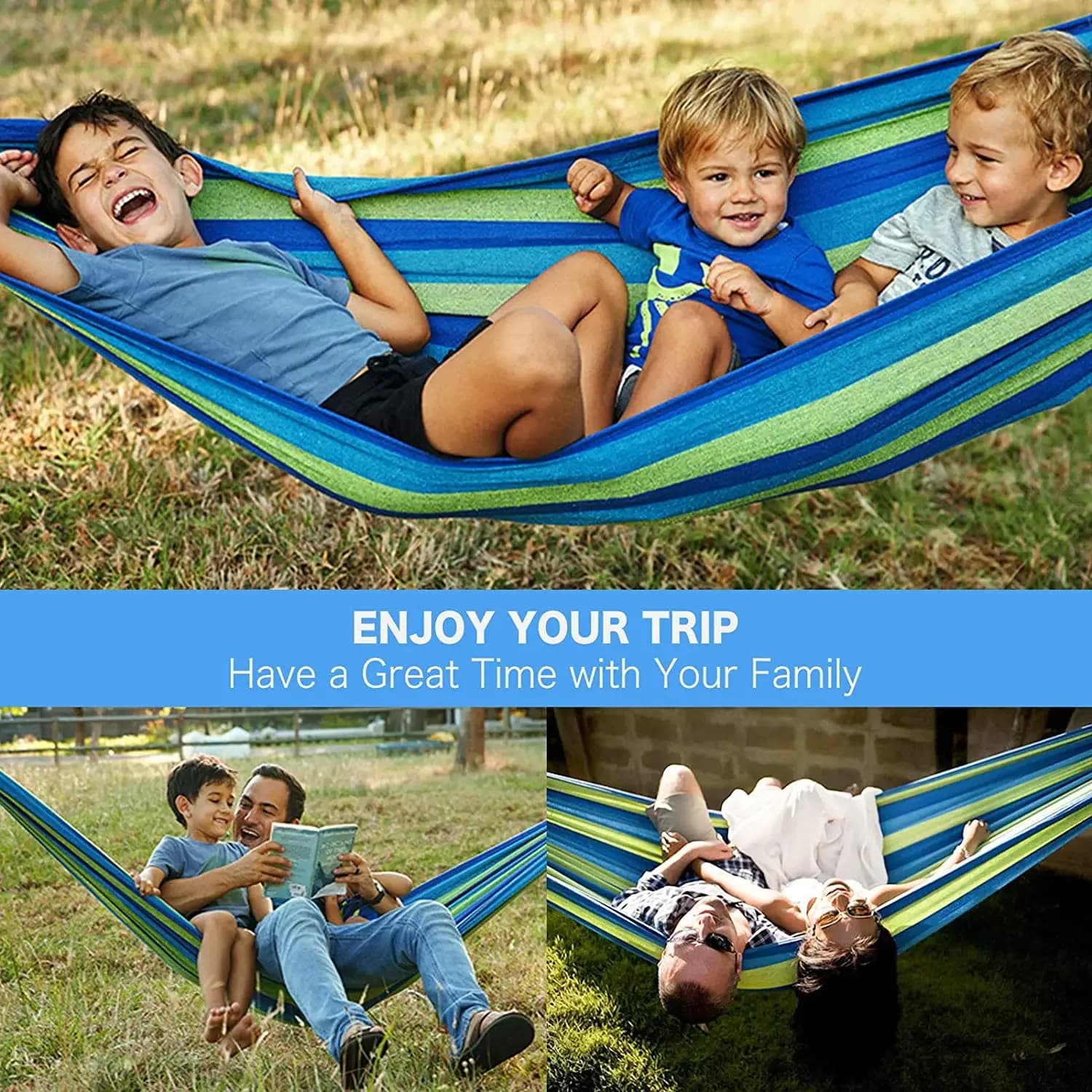 Portable double hammock with rope hook, carrying bag, camping bed suspended for patio, courtyard, camping, outdoor porch