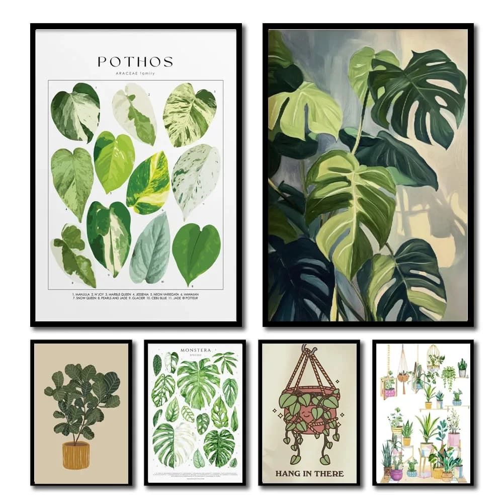 Artistic print on canvas with leaves of modern plants, natural green botanical posters without frame for decorations of the living room