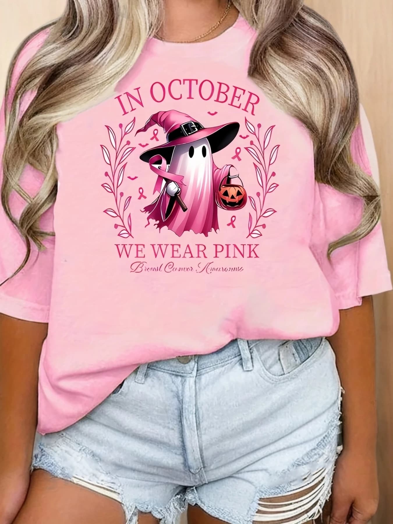 T-shirt rosa per la consapevolezza del cancro al seno, leggera, da donna, a maniche corte, girocollo, con stampa grafica di Halloween, grafica stravagante