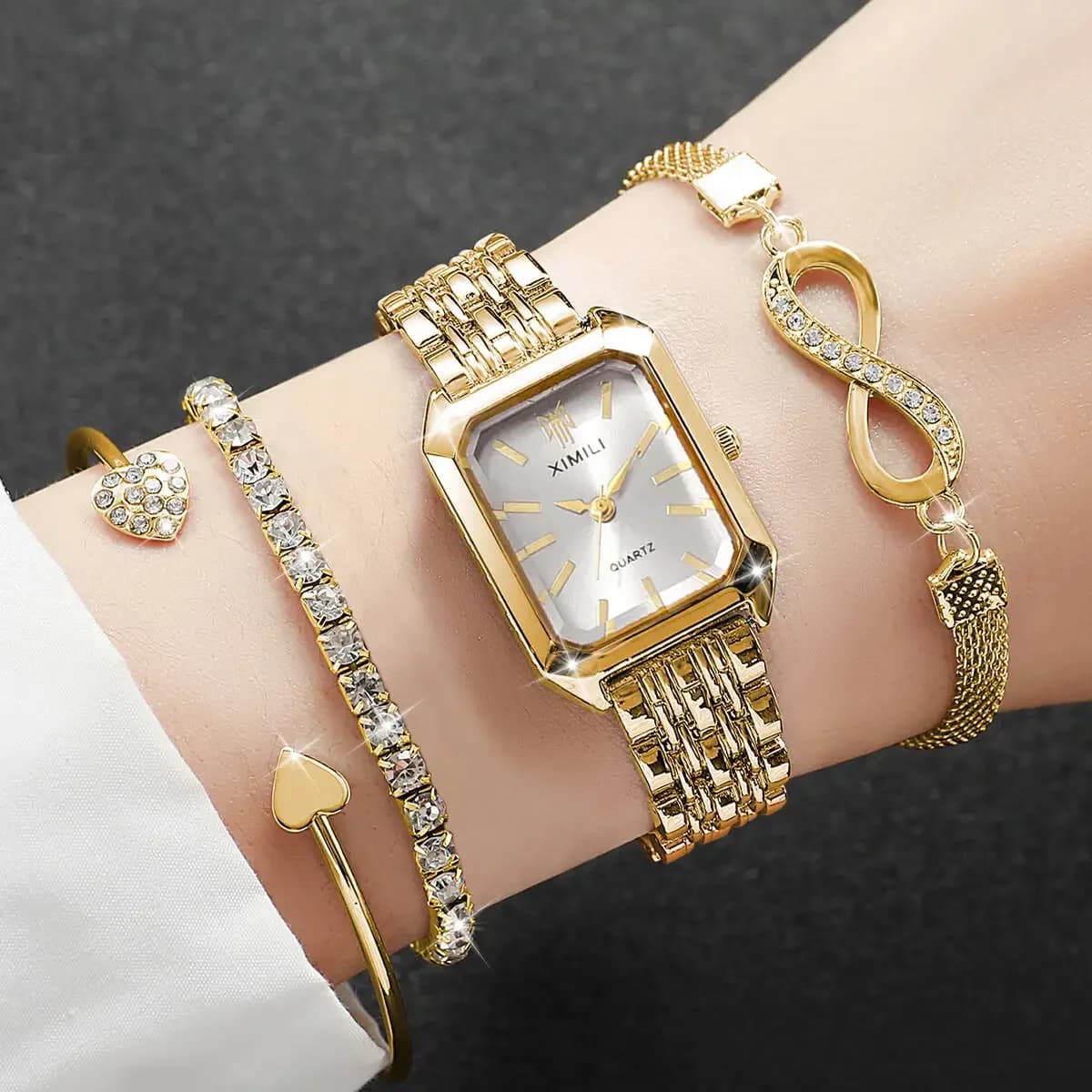 Set of 4 Fashionable Women's Watch with Stainless Steel Strap, Quartz Watch with Strass Bracelets, Reloj Mujer