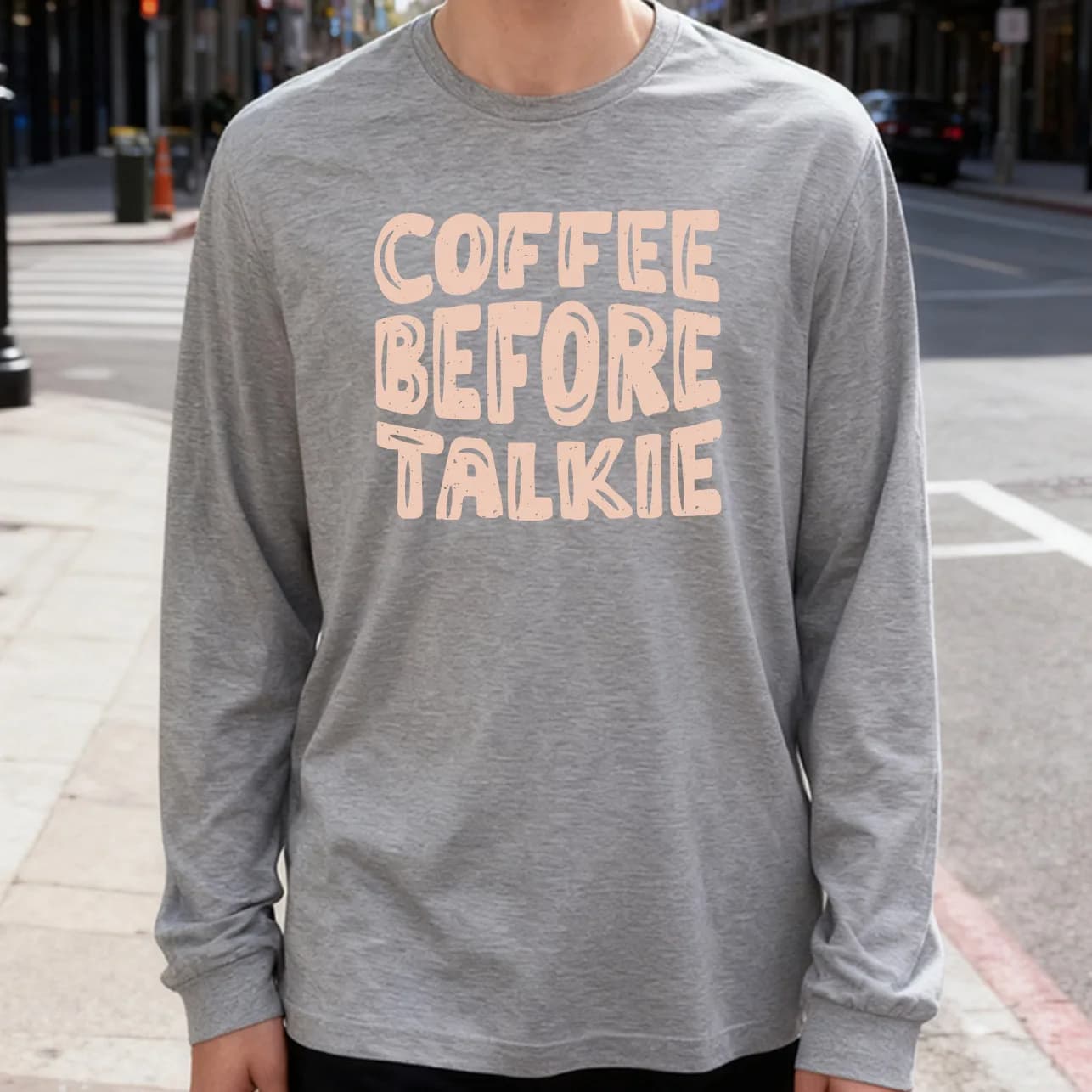 Coffee before Talkie Men's Long Sleeved T-shirt 180g 100% cotton printed casual crew neck to wear every day soft and breathable