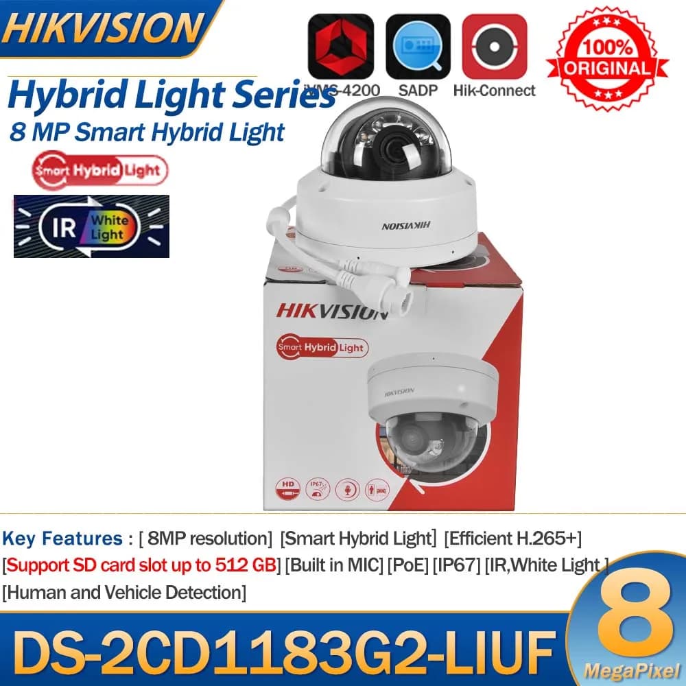 Telecamera IP Hikvision da 8 MP DS-2CD1183G2-LIUF 4K Smart Hybrid Light IR Luce bianca Microfono incorporato Dome Telecamera di rete Slot per scheda SD