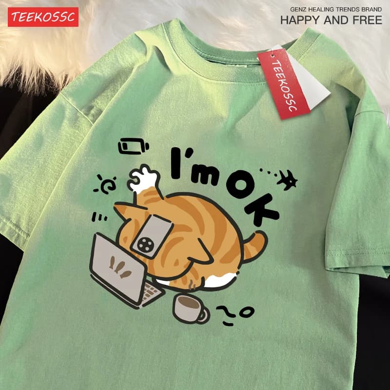 The Little Orange Cat Thinks It Can Still Hold On Print Mens Tee Shirt Cotton T-Shirts Breathable Soft Clothes All-Match Tops
