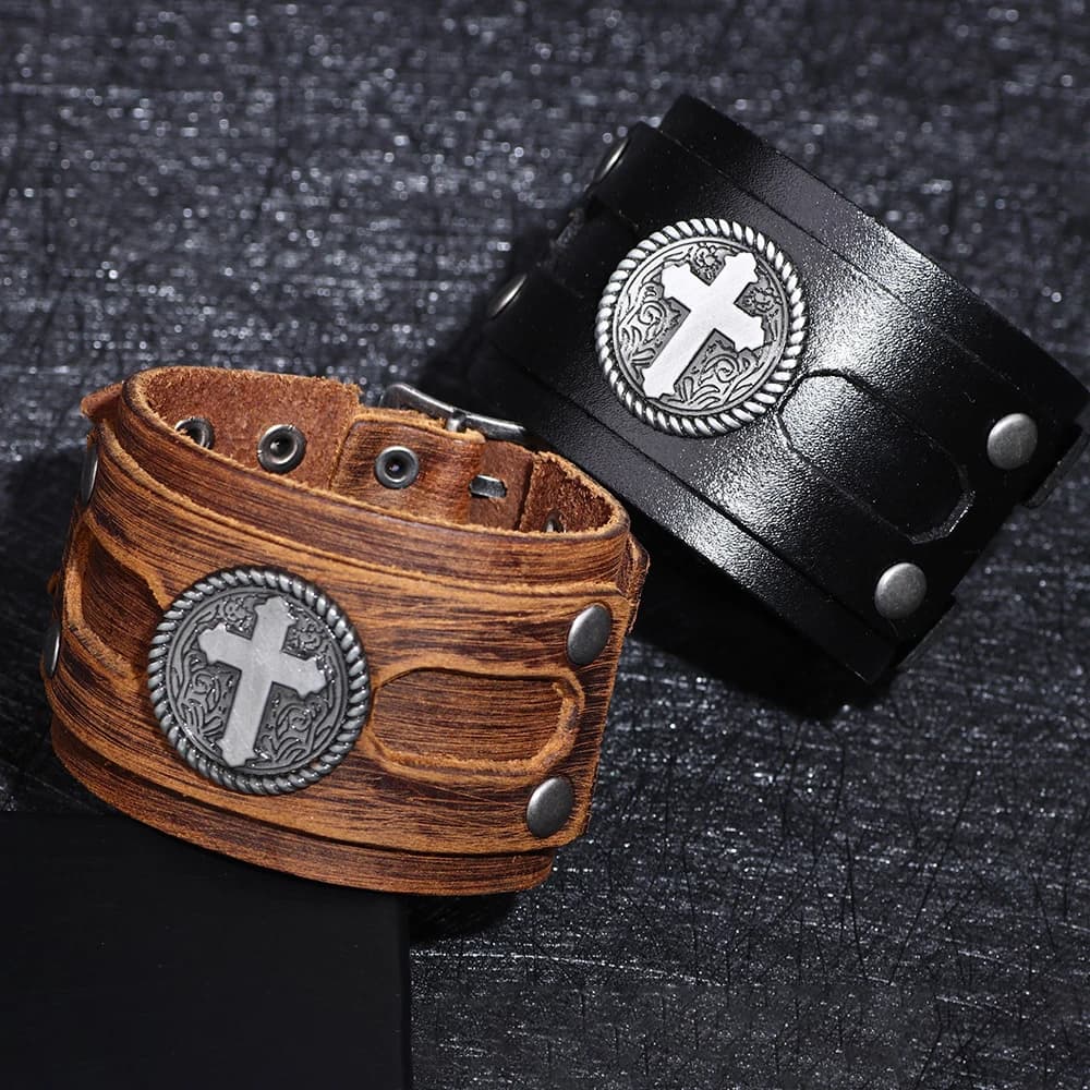 Bracciale con croce vichinga gotica per uomo, cinturino largo in vera pelle, regalo di gioielli per motociclisti regolabili stile cavaliere vintage punk