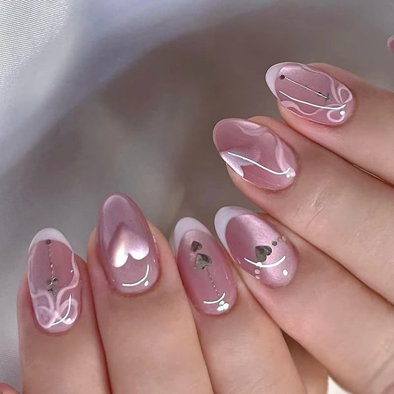 24pcs/set Pink Cat eyes fake nails for women girls cute heart bowknot printing french almond nail tips reusable press on nails