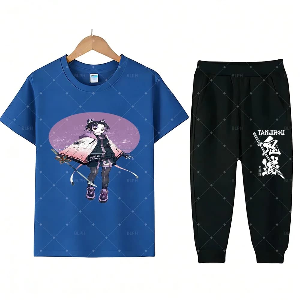 Elegante Completo Due Pezzi Ispirato a Demon Slayer per Bambini con Giacca e Pantaloni per Piccoli alla Moda