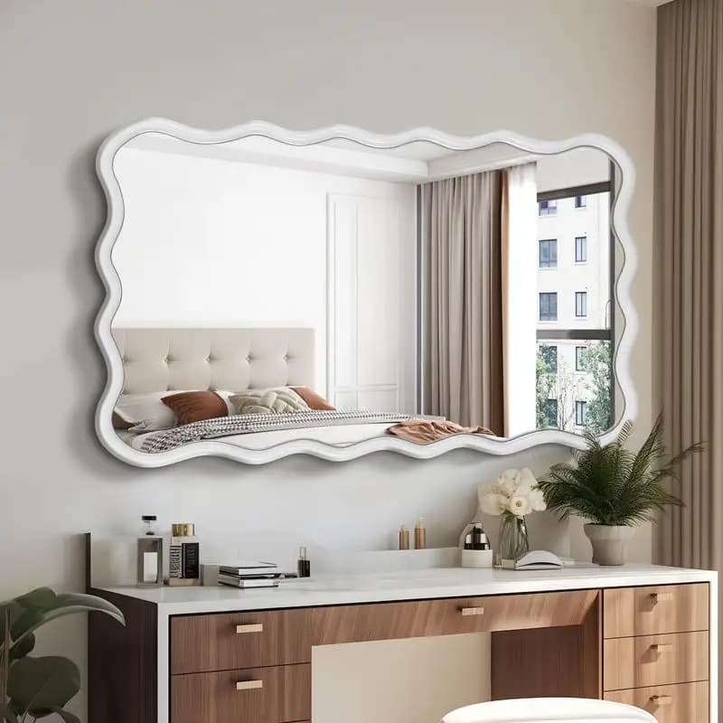 Specchio rettangolare ondulato in legno naturale - Decorazione da parete moderna da 40" x 28" per bagno, camera da letto, soggiorno, ingresso e guardaroba