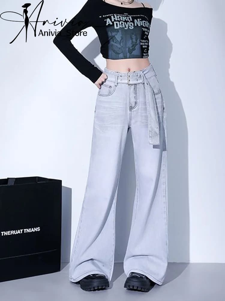 Jeans denim casual grigi da donna larghi Y2K Harajuku High Street pantaloni in denim vintage estetici abbigliamento inferiore alla moda
